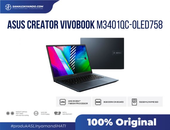 ASUS Creator VivoBook M3401QC-OLED758 - PRO SERIES AMD Ryzen R7-5800H / NVDIA GeForce RTX 3050 with 4GB DDR6 VRAM / 512G PCIE / 8GB DDR4 / QUIET BLUE / 14