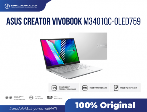 ASUS Creator VivoBook M3401QC-OLED759 - PRO SERIES AMD Ryzen R7-5800H / NVDIA GeForce RTX 3050 with 4GB DDR6 VRAM / 512G PCIE / 8GB DDR4 / COOL SILVER / 14