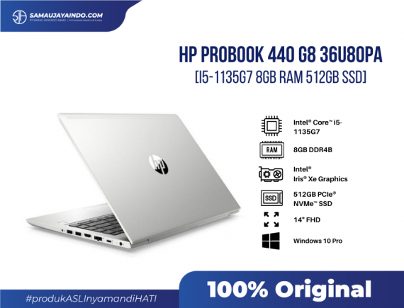 HP ProBook 440 G8 36U80PA, Intel Core i5-1135G7 Processor 0.9-2.4 GHz (8M Cache, up to 4.2 GHz), 8GB DDR4 3200Mhz RAM, 512GB PCIe NVMe SSD, Intel Iris XE Graphics, 14
