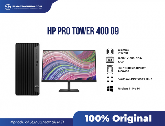 HP Pro Tower 400 G9 MT 9E5C9PT - Intel Core i7-12700 (25M Cache, up to 4.9GHz), Intel Q670, 16GB (1x16GB) DDR4 3200, SSD 1TB NVMe, NVIDIA® T400 4GB,  Windows 11Pro64, WLAN+BT, HP 9.5 mm Slim DVD-Writer, Front : (1) SuperSpeed USB-C 10Gbps, (3) SuperSpeed USB-A 10Gbps, (1) headphone/microphone, Rear : (1) RJ45, (1) HDMI, (3) SuperSpeed USB-A 5Gbps, (1) DP, (2) USB Type-A 480Mbps, TPM 2.0, KeyMos, PS 400w, 3/3/3 Warranty, 64X86AA-HP P22 G5 21.5FHD